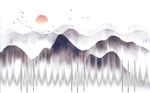 水墨山水日出飞鸟背景墙
