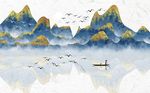 蓝色意境手绘山水画背景墙