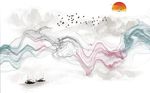 水墨山水船抽象线条背景墙