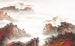 中式红色山水风景国画背景墙