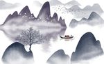 新中式手绘山水画水墨背景墙