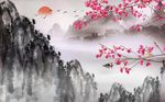 新中式唯美山水梅花背景墙