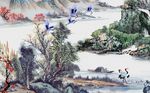油画意境山水画白鹤背景墙