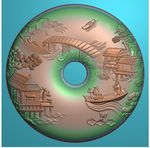 山水拱桥平安扣圆盘精雕浮雕灰度
