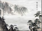 新中式水墨山水高山流水客厅背景