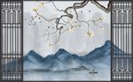 水墨蓝色山花枝门框船意境背景墙