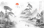迎客松山水中式电视背景墙