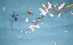 蓝色新中式飞鸟山水玄关屏风背景