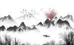中式抽象山水山脉飞鸟背景墙