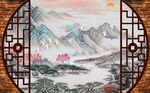 中式手绘山水画红梅飞鹤背景墙