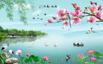 清新绿色风景湖泊山水壁画背景墙