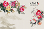 花开富贵简约水墨风格壁画背景墙