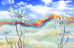 3D立体蓝天白云手绘花朵背景墙