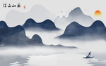 蓝色山水新中式创意玄关屏风背景