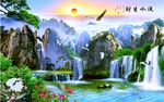 原创新款流水生财瀑布风景画背景