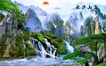 新款山水画背景墙高山流水