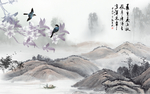 中式玉兰花水墨画山水画背景墙
