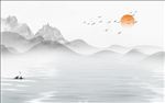 抽象山水手绘意境山水太阳飞鸟小