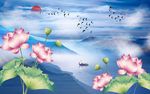 中式山水日出飞鸟荷花背景墙