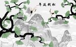 中式水墨山水松树仙鹤意境背景墙