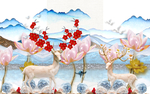 新中式高清浮雕森林梅花鹿电视背