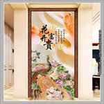 玉雕牡丹孔雀花开富贵玄关背景墙