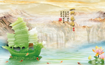 玉雕中式一帆风顺电视背景墙