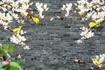 玉兰花鸟中式青砖背景墙