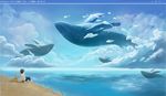 手绘鲸鱼天空背景墙壁画图片