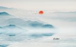 新中式水墨山水夕阳飞鸟背景墙