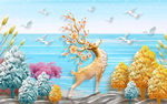 3D立体浮雕梅花鹿田园风背景墙