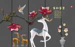 发财树梅花鹿彩雕3D电视背景墙