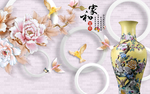 家和富贵花瓶牡丹浮雕背景墙