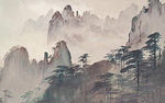 手绘山水松树水墨画背景墙
