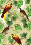 手绘热带植物花鸟服装印花图案素