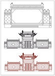 中式大门影壁墙线条图
