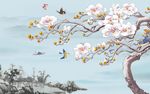 玉兰花水墨山水电视背景墙