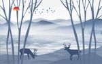 梦幻山水树林梅花鹿背景墙
