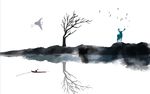 禅意山水麋鹿枯枝湖景背景墙