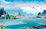 新中式油画天鹅白鹤白鹿森林风景