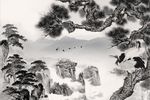 中式水墨仙鹤山水背景墙.