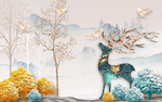 新中式发财树麋鹿装饰画