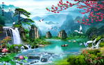 人间仙境瀑布仙鹤山水背景墙