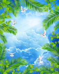 蓝天白云椰树海鸟阳光吊顶壁画