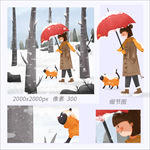 冬天女人与猫在森林散步
