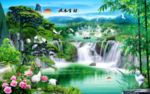 流水生财客厅山水电视背景墙壁画