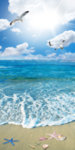 海滩海鸥海星阳光海浪中式背景墙