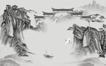 中式水墨山峰殿门野鹤背景墙