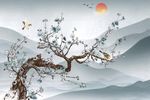 手绘玉兰花鸟电视背景墙