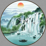 新中式流水生财山水圆形装饰画